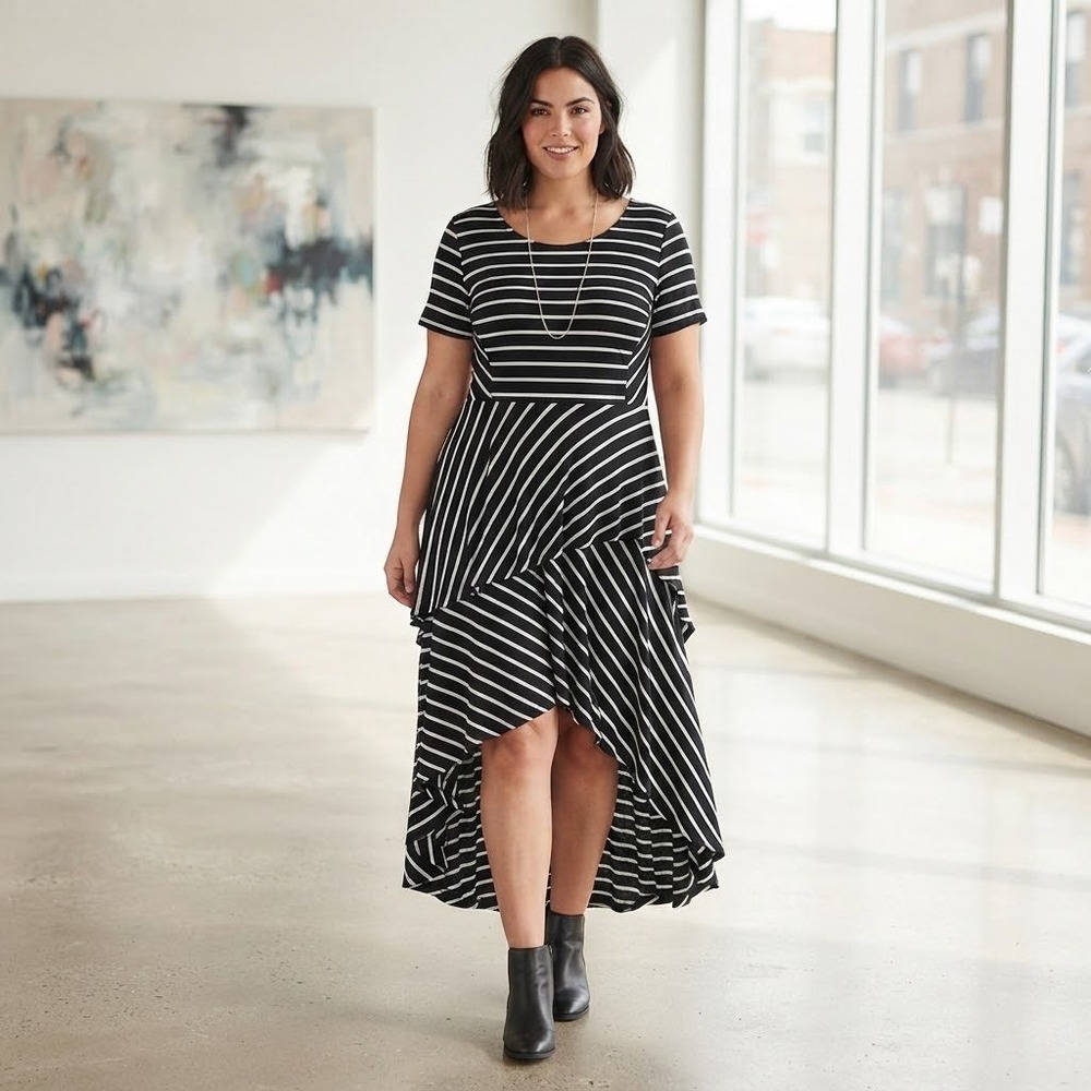 Lane Bryant Women 18/20 Black White Stripe Asymmetric Tiered High Low Maxi Dress